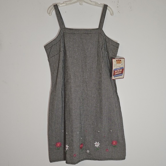 Route 66 Dress Womens 9/10 Black Gingham Floral Denim Jumper 80s 90s Cotton NEW - Picture 1 of 13